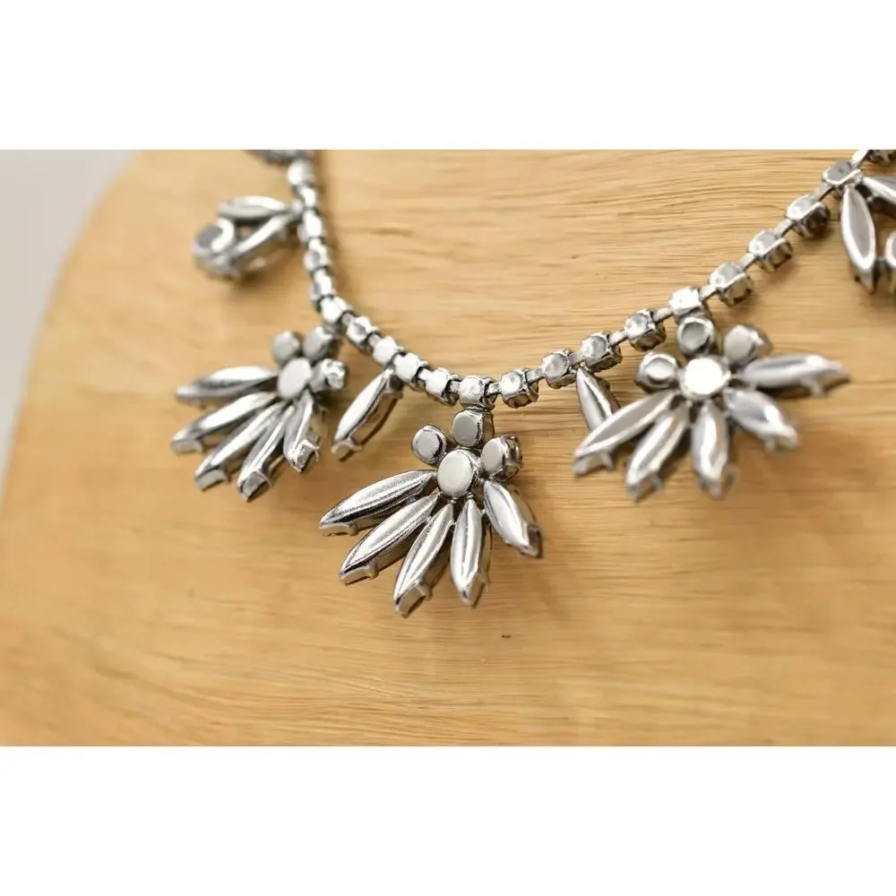 Vintage Crystal Collar Necklace Green Marquise Floral Prong Rhinestone BinBL